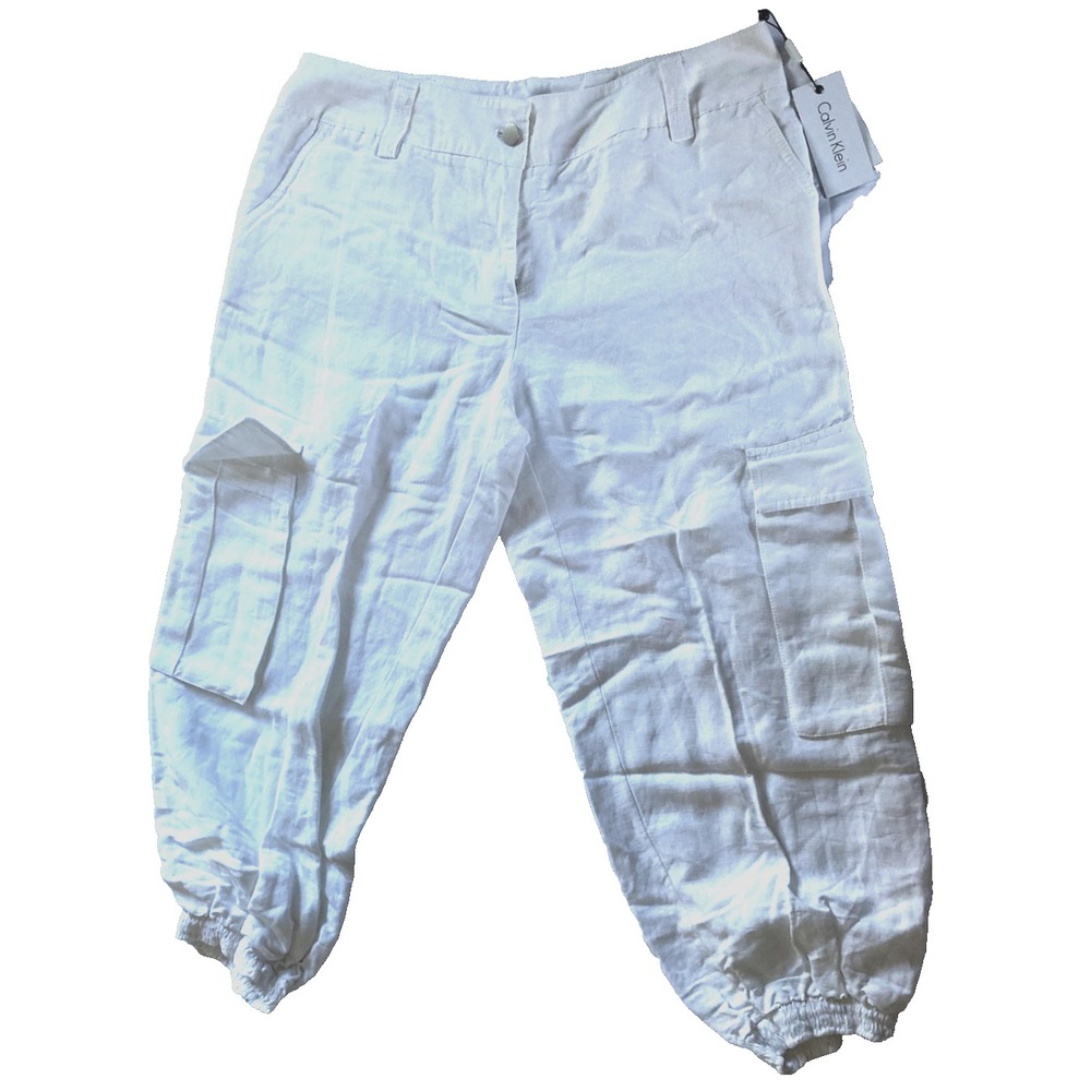 Calvin Klein Pants Womens 12 White Linen Cargo Jogger Pockets Casual New NWT Y2K